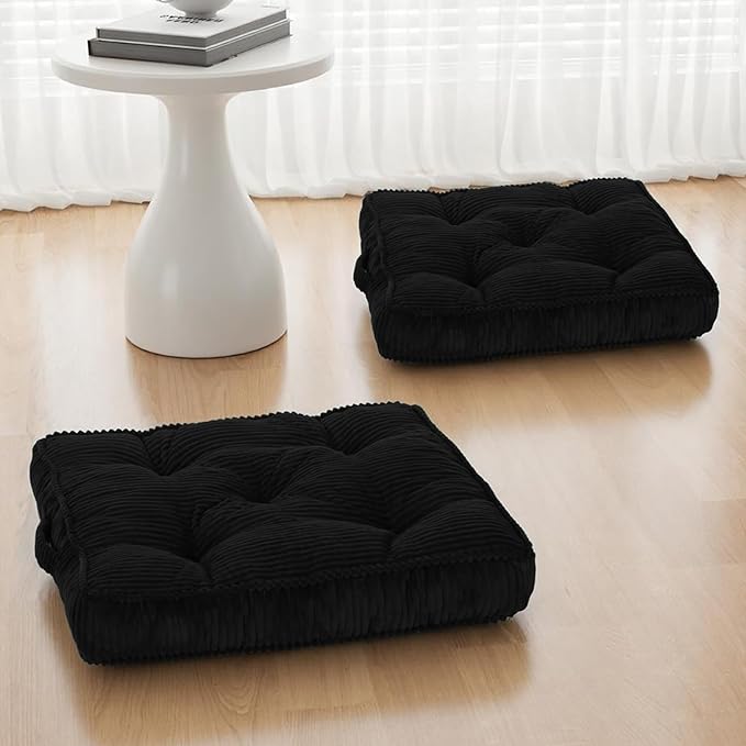 PRIMEPATIO Square Floor Pillow for Adults, Tufted Floor Cushion for Sitting, Large Meditation Cushion, Thick Corduroy Seat with Handle, Tatami Seating for Yoga, 24x24 Inch Black, 2Pack