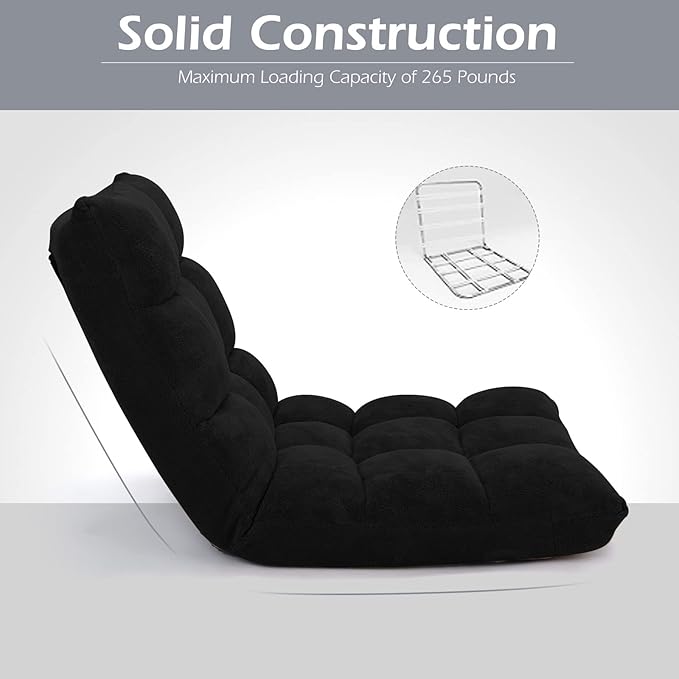 COSTWAY Adjustable Gaming Chair, Video Gaming Chairs with Back Support, Alloy Steel Frame, Soft Coral Fleece, Lazy Sofa Lounge for Reading Living Room Recliner for Adults Kids, Black