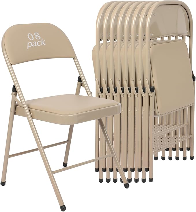8 Pack Khaki Padded Folding Chairs Set - Comfortable Stackable Portable Chairs for Indoor Outdoor, Events, Parties, Office, Wedding (PU Leather, Urban Khaki,School Chair)