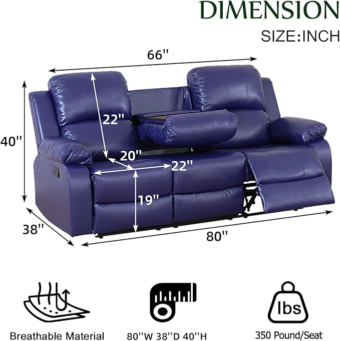 Caberryne Leather Recliner Sofa，Reclining Sofa for Living Room Furniture Sets，Purple Wall Hugger Recliner Couch with Cupholder for Living Room/Office/Theater Seating(3 Seater Sofa)
