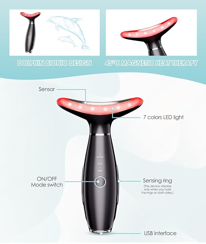 7 Color Neck Face Massager - Facial Massager Tool for Skin Care at Home, Vibrating Face Massager with Thermals, Galvanic Machines Black