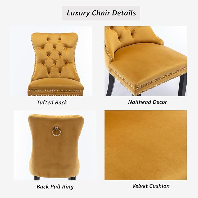 YeahFurn Yellow Mid Century Modern Dining Chairs Set of 4, Velvet Upholstered Kitchen & Dining Room Chairs with Nailhead Trim & Solid Wood Legs, Elegant Sillas De Comedor (Yellow, 4 Pcs)