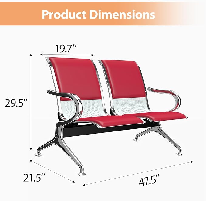 Kinfant Waiting Room Chairs with Arms – Red PU Leather Back & Cushioned Seat Heavy-Duty Steel Frame, Ergonomic Office Reception Guest Chair for Lobby, Clinic, Airport