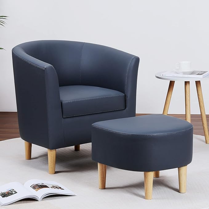 DAZONE Leather Chair, Accent Chair Mid Century Modern with Ottoman Faux Barrel Comfy Armchair Upholstered Club Tub Round Arms for Living Room Bedroom Reading Navy Blue Set of 1