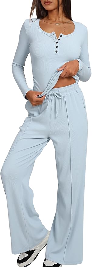 Darong Womens 2 Piece Matching Lounge Sets 2026 Long Sleeve Henley Shirts Wide Leg Pants Airport Travel Outfits