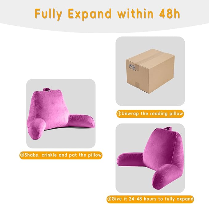OAISZ Reading Pillow for Sitting in Bed Adult, X-Large Reading Pillow with Shredded Memory Foam, Back Pillow for Sitting Up with Extend Arms, Pockets, Bed Pillow with Washable Cover, Rose Red