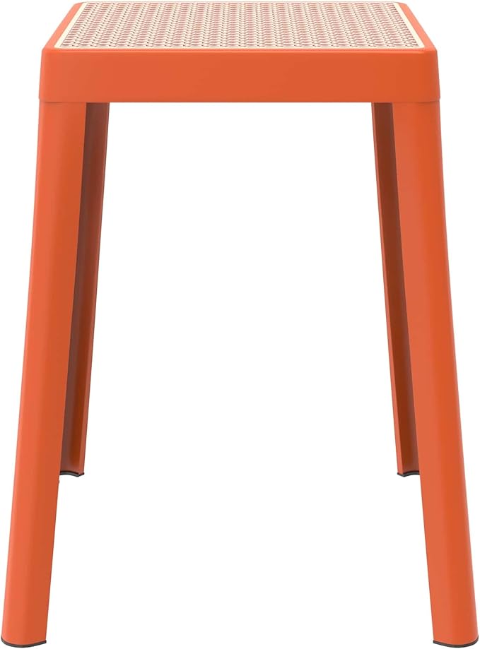 LeisureMod Stackable Square Plastic Dining Stool - Mid-Century Modern Backless Accent Stool with Wicker Top for Kitchen & Dining Room, Orange