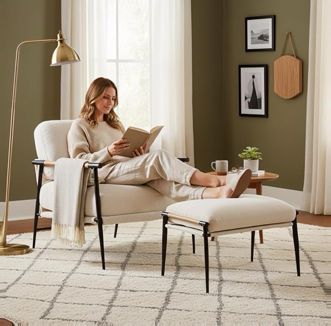 DUOMAY Cute Chenille Single Footrest, Upholstered Footstool with Black Metal Legs Mid Century Modern Vanity Room Ottoman Shoe Stool for Living Room Bedroom Dressing Room, Beige