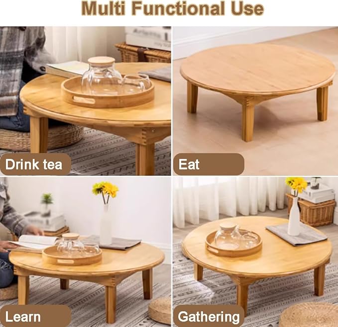 Round Japanese Style Small Foldable Bamboo Coffee Table (23.6 * 9.8in)