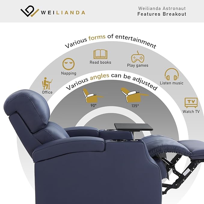 Weilianda Home Theater Seating, Top Grain Leather Sectional Seats Recliner Chair, Zero Gravity Reclining Sofa with Power Headrest 7 Colors Ambient Lighting USB C Charge Row of 4 Loveseat Middle Blue