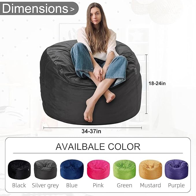 HABUTWAY Bean Bag Chair 3Ft Luxurious Velvet Ultra Soft Fur with High Rebound Memory Foam Bean Bag Chairs for Adults Plush Lazy Sofa with Fluffy Sponge 3' (Grey)