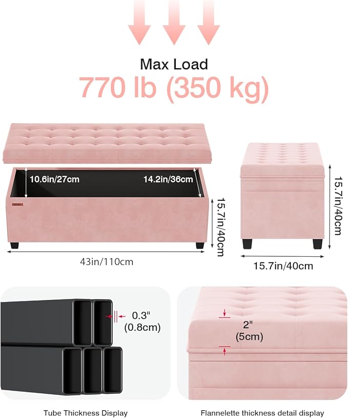 ABHENG Velvet Storage Ottoman Bench, End of Bed Bench with Legs, Large Entryway Bench, Foot Rest Stool, Tea Table for Bedroom, Living Room, Loads 770 lb, 15.7"L x 43"W x 15.7"H, Jelly Pink, UASND62P