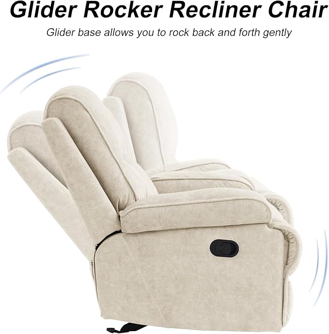 KeyEnergy Manual Rocker Recliner Chair for Adults, High Back Glider with Deep Seat, Upholstered Fabric Armchair for Living Room & Nursery, Beige