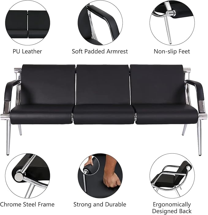 Kinfant Waiting Room Chair- Office Reception Furniture with Armrest and PU Leather Cushion, Office Guest Chair for Waiting Room Airport Hospital Bank Lobby, Black (1 Seat*2+3 Seat)