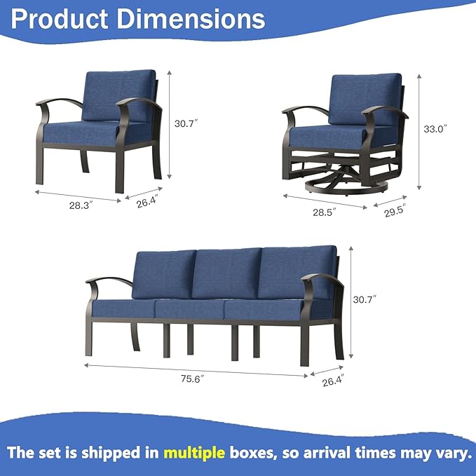 RTDTD Aluminum Outdoor Patio Furniture Set,7 Seats Patio Conversation Sets with Rectangular Coffee Table,Metal Patio Sectional Furniture Set with 2 Swivel Rocking Chairs,Navy Blue