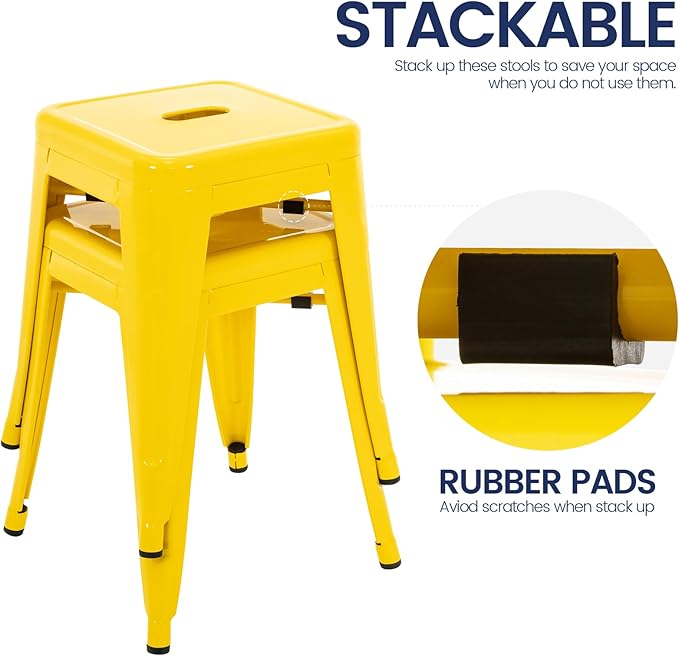 Brage Living 18 Inch Industrial Metal Stools Set of 2, Stackable Classroom Kitchen Short Stools, Backless Metal Dining Chairs for Indoor Outdoor (Yellow)