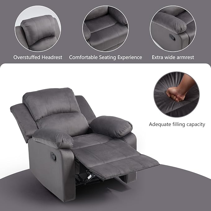 CANMOV Manual Recliner Chair Set of 2, Soft Fabric Overstuffed Recliner Single Sofa Chair for Living Room Bedroom, Heavy Duty and Safety Reclining Mechanism, Dark Grey