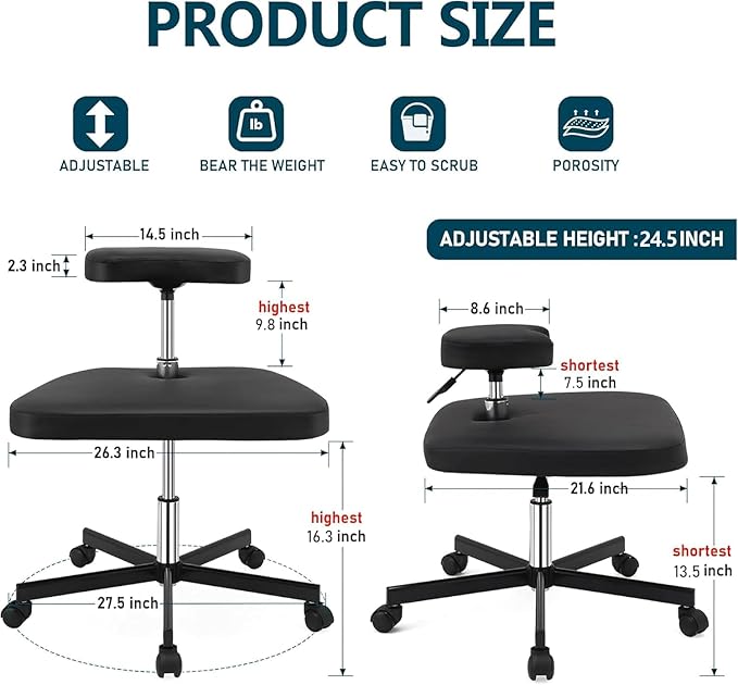 LHOOCX Meditation Chair ADHD Chair Ergonomic Cross Legged Chair with Wheels,Kneeling Chair for Office and Home,ADHD Chairs for Adults (Black)