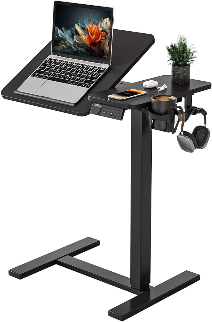 YIHAYO Electric Adjustable Overbed Bedside Table with Wheels, 24 x 16 Inches Mobile Standing Desk, Laptop Desk, Movable Overbed Tables Hospital Home Use, Black