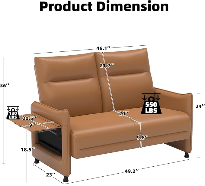 Faux Leather Loveseat, Upholstered Loveseat with Hidden Foldable Tray & Side Pocket, Front Contour Arm Design, Modern 2-Seater Sofa Couch for Compact Spaces, Brown
