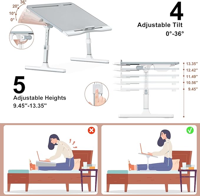 Laptop Stand for Bed, Potuopy Leather Adjustable Bed Desk Table Tray, X-Large Folding Lap Desk with Drawer for Eating Writing Drawing Working on Couch Floor, Grey