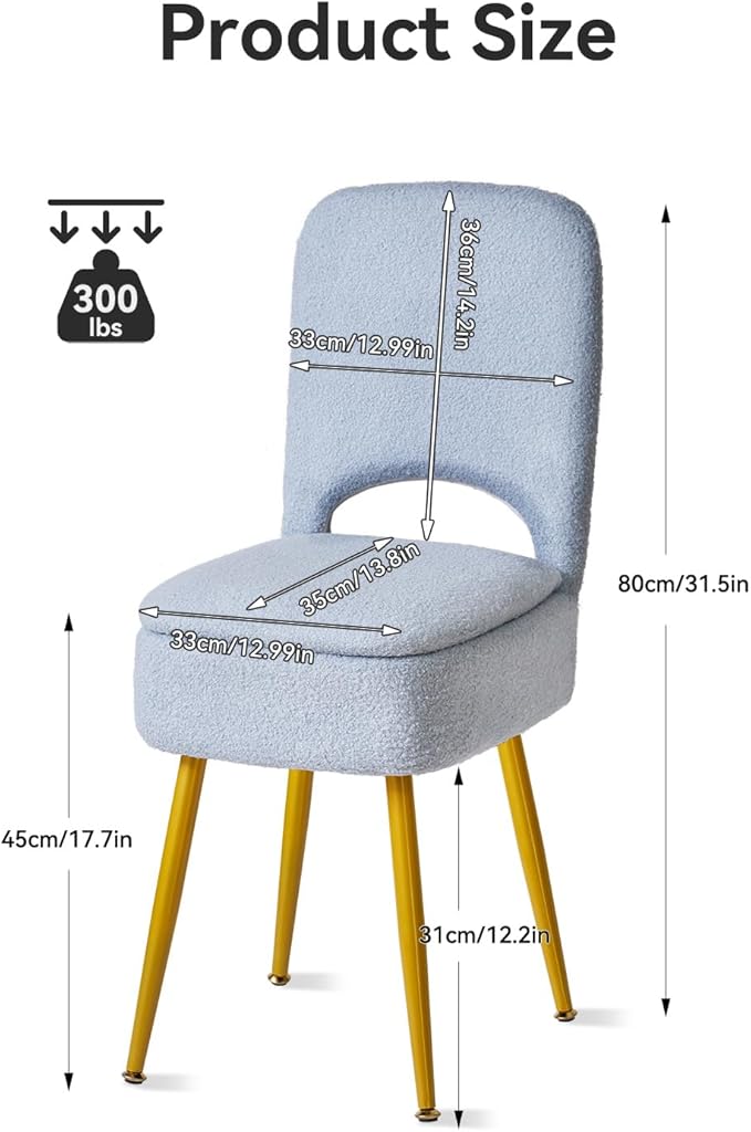 IBUYKE Small Storage Vanity Stool with Folding Backrest, 12.99" x 13.78" x 31.5" Square Teddy Velvet Ottoman, Makeup Chair for Living Room, 4 Metal Legs with Anti-Slip Feet, Blue WBD027H