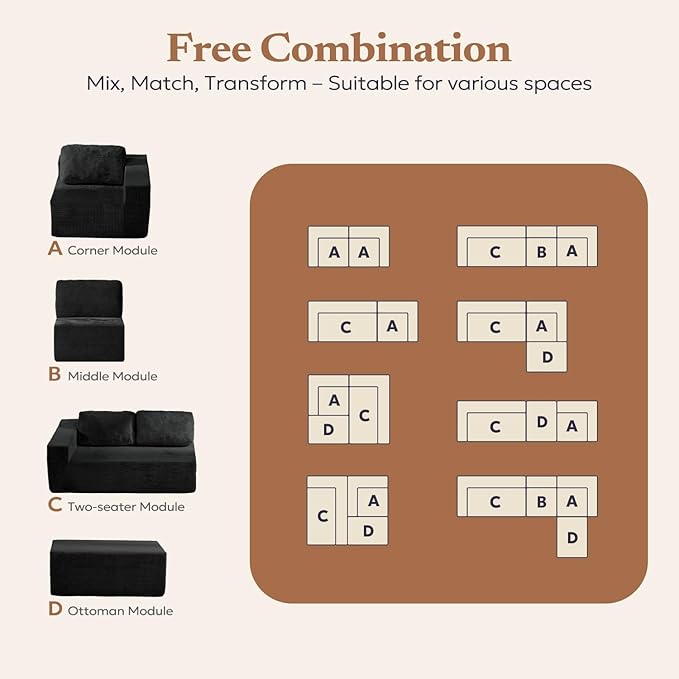 Furnify 30" Modular Upholstered Foam Couch, Upholstered Floor Sofa Couch with Pillow, Bean Bag Chair for Bedroom Living Room, No Assembly Required (Corduroy Fabric, Black)