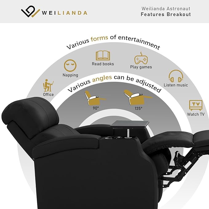 Weilianda Home Theater Seating, Top Grain Leather Sectional Seats Recliner Chair, Zero Gravity Reclining Sofa with Power Headrest 7 Colors Ambient Lighting USB C Charge Row of 1 Black