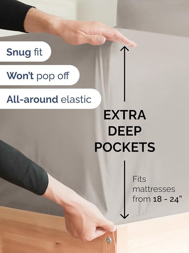 Extra Deep Pocket Cal King Sheets - 4 Piece Breathable & Cooling Bed Sheets - Hotel Luxury Sheet Set - Soft, Wrinkle Free & Comfy - Easily Fits Extra Deep Mattresses - Deep Pocket Light Grey Sheets