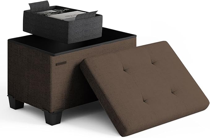 Storage Ottoman Cube with Small Bin, 16-in Square Ottoman with Storage for Living Room and Bedroom, Small Ottomans Foot Rest, Fabric Foot Stools Ottomans Max 330lbs, Brown