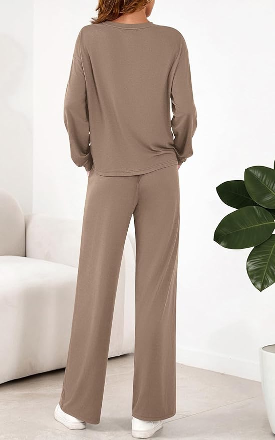 PRETTYGARDEN Womens 2 Pieces Lounge Sets Crewneck Long Sleeve Wide Leg Drawstring Pants Tracksuits Loose Fit Outfits Set