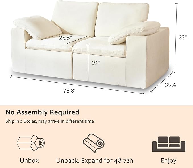 ANONER 78" Loveseat Sofa, Deep Seats, Cloud Sectional Couches for Living Room, 2 Seater Boneless Couch, Modern Modular Loveseats, No Assembly, Beige