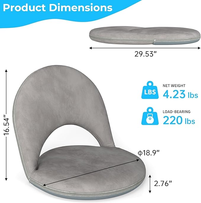 2Pcs Floor Chair, 5-Position Foldable Floor Chair for Kids with Adjustable Back, Soft Sponge & Velvetean Cover, for Adults and Kids, Indoor Outdoor Use, Meditation, Gaming, Camping (Gray)