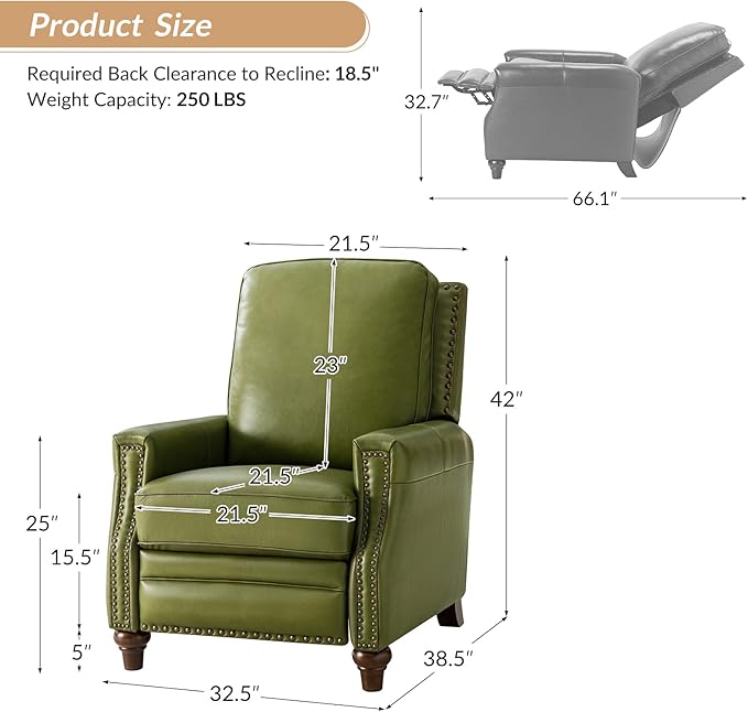 HULALA HOME Genuine Leather Recliner Chair, Classic Push Back Recliner Armchair with Thick Seat and Backrest (Olive)