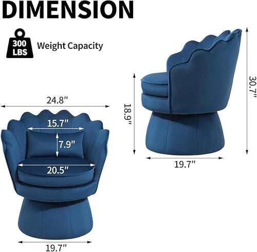 360° Swivel Accent Chair, Mid-Century Modern Velvet Barrel Chair, Comfy Shell Shape Arm Chair with Lumbar Pillow for Living Room, Bedroom, Office, Dark Blue