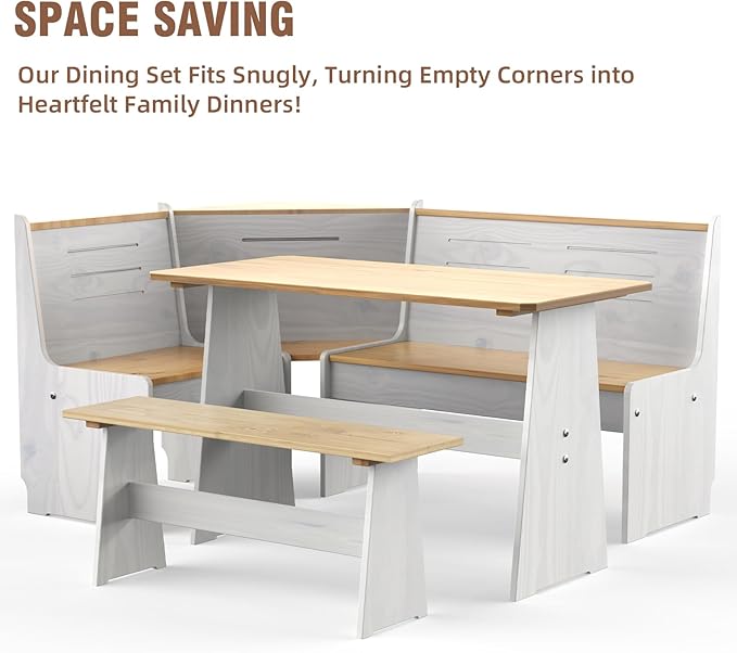 Breakfast Nook Table Set for Kitchen - White Bench Seating for Dining Room with Space Saving Solid Wood L Shaped Corner Dining Table Set Apartment for 4 to 6 People