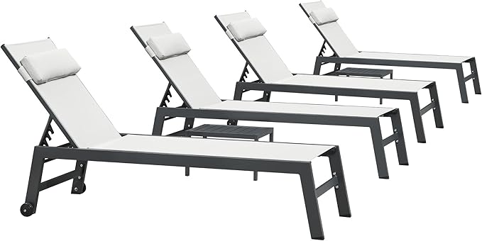 PURPLE LEAF Outdoor Lounge Chair Set Patio Chaise Pool Lounger Aluminum Frame with 2 Side Table and Wheels for Outside Sunbathing Tanning Recliner Including Pillows White