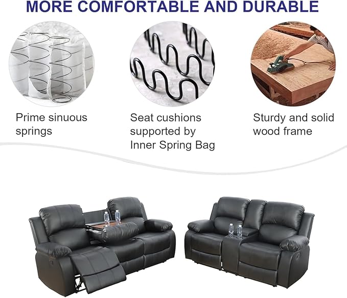AYCP Bonded Leather Living Room Furniture Set Reclining Sofa Set Loveseat Furniture Sets in Living Room Sofa Recliners (Sofa+Loveseat, Black)