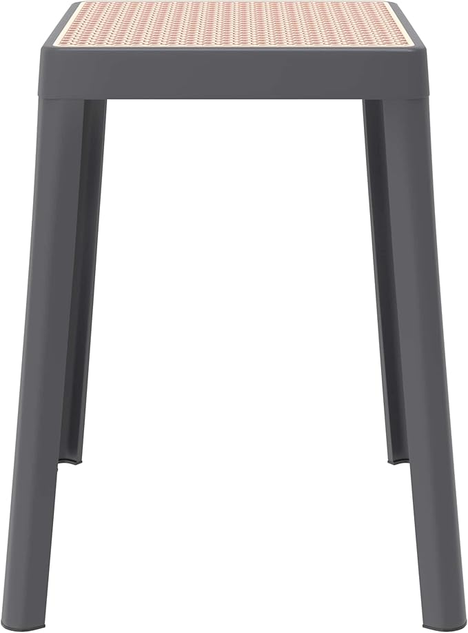 LeisureMod Stackable Square Plastic Dining Stool - Mid-Century Modern Backless Accent Stool with Wicker Top for Kitchen & Dining Room, Grey