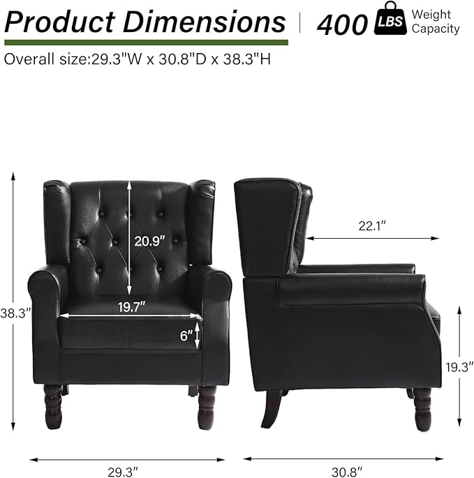 DREAMSIDEA Accent Chair, Upholstered Armchair with Button Tufted High Back & Solid Wood Legs, Comfy Wingback Reading Single Sofa Chair for Small Spaces, Living Room, Bedroom (Leather Black, Set of 2)