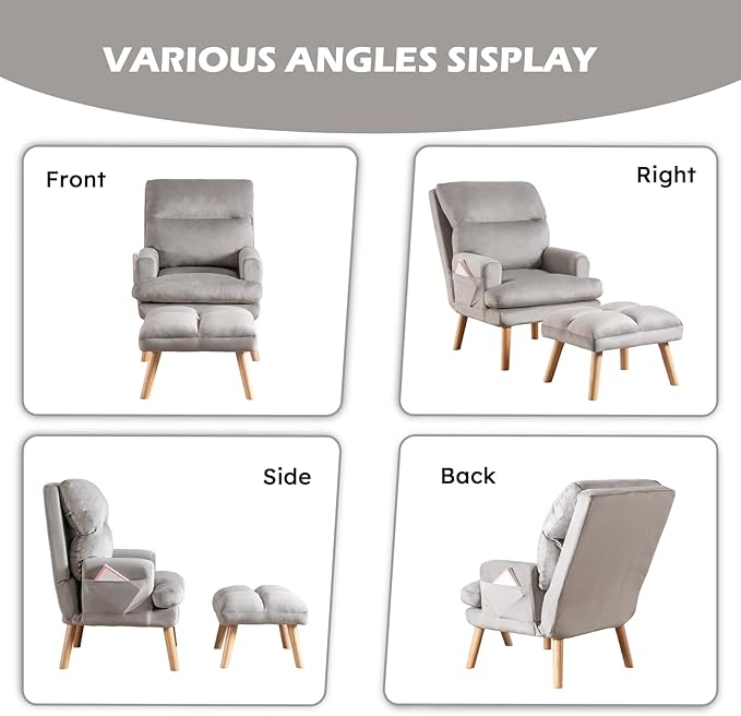 IOMOR Accent Chair with Ottoman, Velvet Fabric Chair Armchair with Adjustable Backrest and Side Pockets, Mid Century Arm Chair with Ottoman for Living Room, Bedroom, Teen Room, Light Grey
