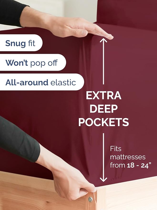 Extra Deep Pocket Queen Sheet Set - 4 Piece Breathable & Cooling Bed Sheets - Hotel Luxury Sheet Set - Soft, Wrinkle Free and Comfy - Easily Fits Extra Deep Mattresses - Deep Pocket Burgundy Sheets
