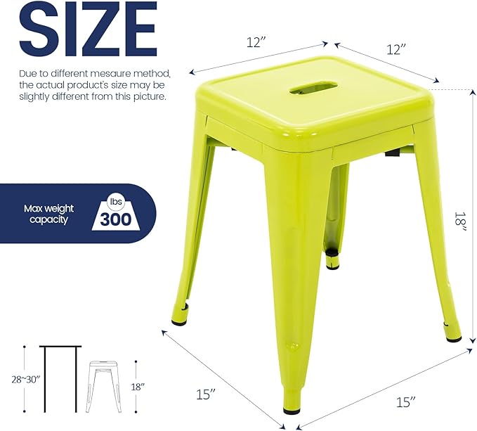 Brage Living 18 Inch Industrial Metal Stools Set of 2, Stackable Classroom Kitchen Short Stools, Backless Metal Dining Chairs for Indoor Outdoor (Lime Green)