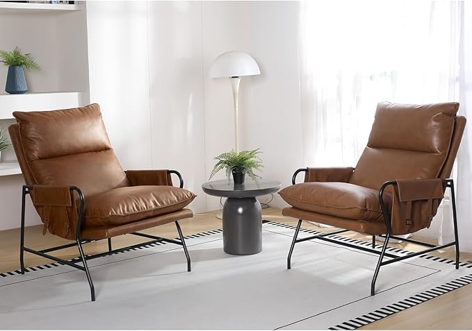 Faux Leather Accent Chair Set of 2 for Living Room, 24" High Backrest Upholstered Armchair, Soft Thickened Cushion Comfy Leisure Chair, Mid Century Modern Single Sofa, Light Brown