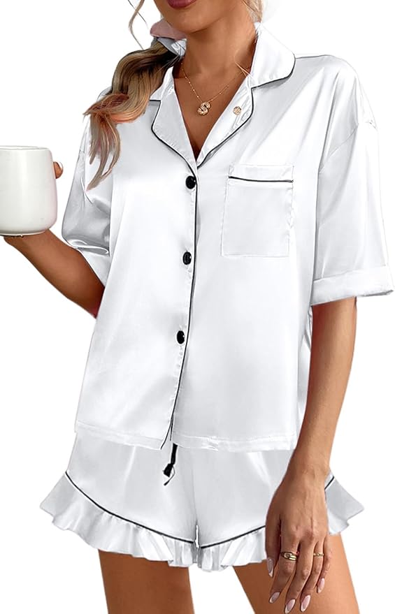 CHYRII Women's Silk Satin Pajamas Two Piece Pj Sets Short Sleeve Tops Ruffled Shorts Sleepwear with Magnetic Diffuser