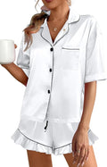 CHYRII Women's Silk Satin Pajamas Two Piece Pj Sets Short Sleeve Tops Ruffled Shorts Sleepwear with Magnetic Diffuser