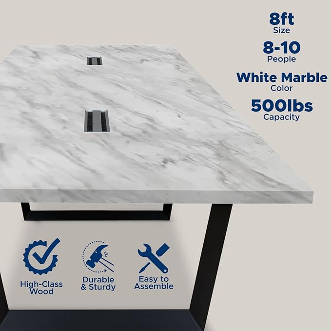 ahliss Sturdy Conference Table with Cable Management Grommets Modern Rectangle Office Meeting Table with Wood Tabletop and Metal Frame & Legs- Easy Assembly Boardroom Table (White Marble, 8 Foot)