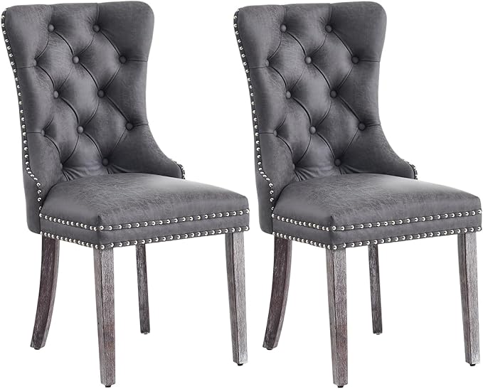 Kiztir Leather Dining Chairs Set of 2, Upholstered Dining Chair with Nailhead Trim and Solid Wood Legs, Luxury Wingback Dining Side Chair for Living Room, Bedroom, Kitchen (Grey)