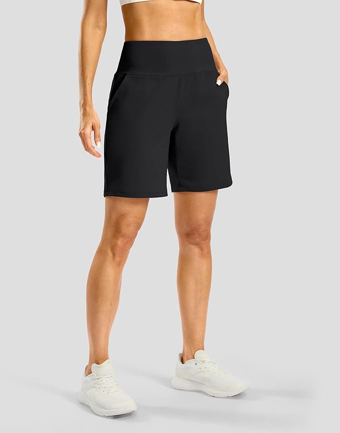 Women's Athletic Shorts with Zipper Pocket 7" High Waisted Stretchy Bermuda Shorts for Women Workout Running Casual