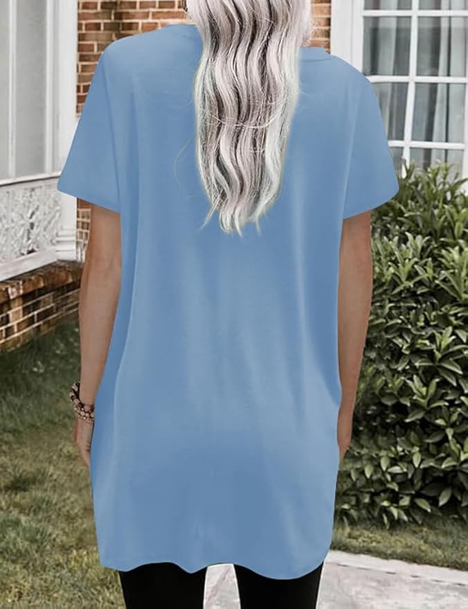 Poetsky Summer Womens Tunic Tops for Leggings with Pockets Short Sleeve Casual Long T Shirts S-3XL